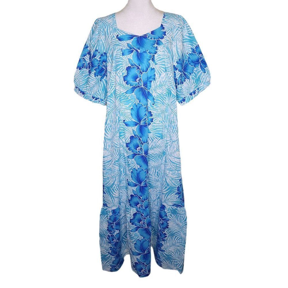 Vintage 80s Hawaiian Maxi Dress Mumu Womens Size L Blue Hibiscus